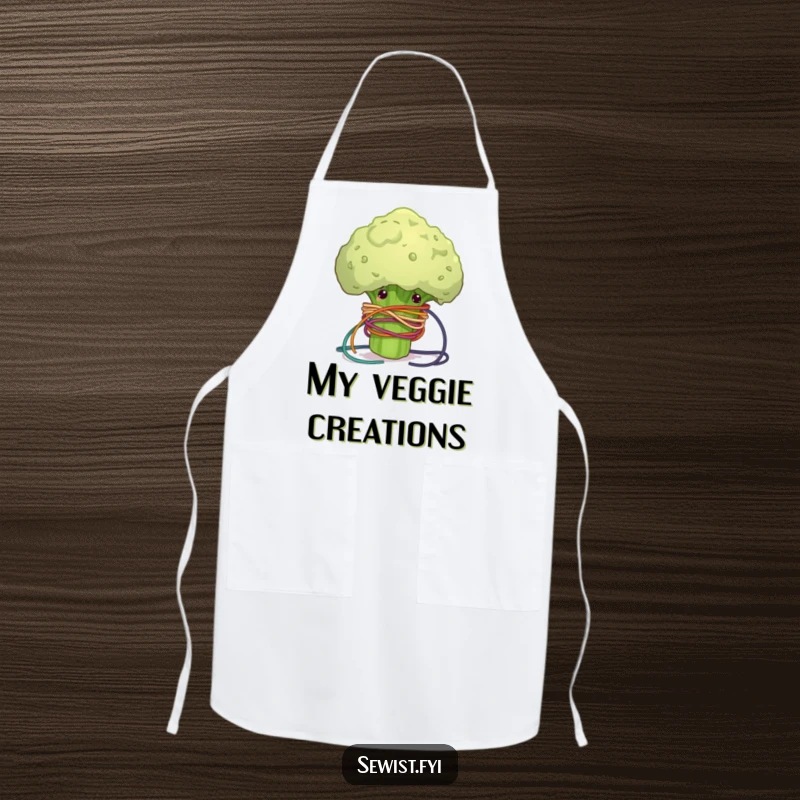 Funny apron featuring a clumsy broccoli floret hilariously tangled in colorful sewing thread, practical and humorous for kitchen or craft use.