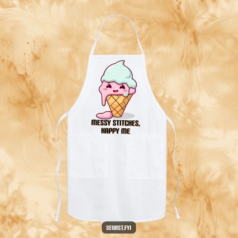 Funny apron featuring a melting ice cream cone with a needle and thread, showing a sewing mishap, practical and humorous kitchen or craft wear.