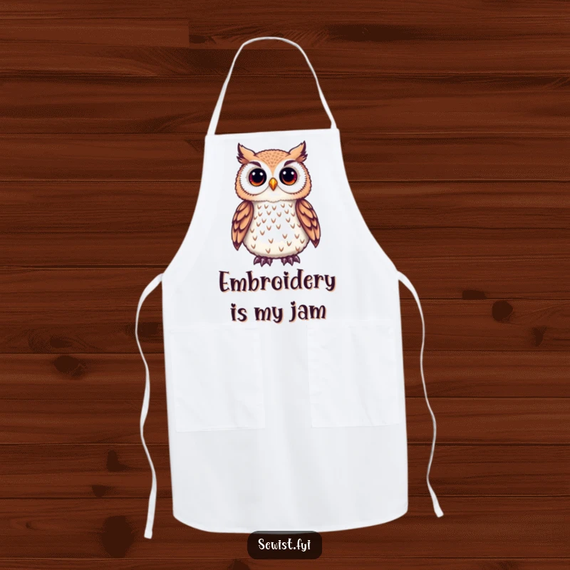 Funny Owl Apron with a cute owl admiring a delicate embroidered detail, a fun accessory for embroidery enthusiasts.