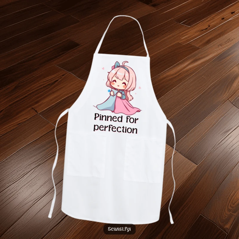 Funny sewing apron featuring a character happily pinning fabric pieces together, perfect for keeping clothes clean during sewing and crafting projects.