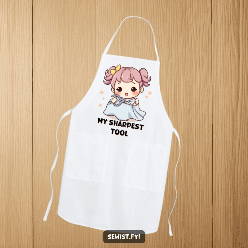 Funny sewing apron featuring a character making a flourish while cutting fabric with scissors, perfect for protecting clothes during sewing projects.