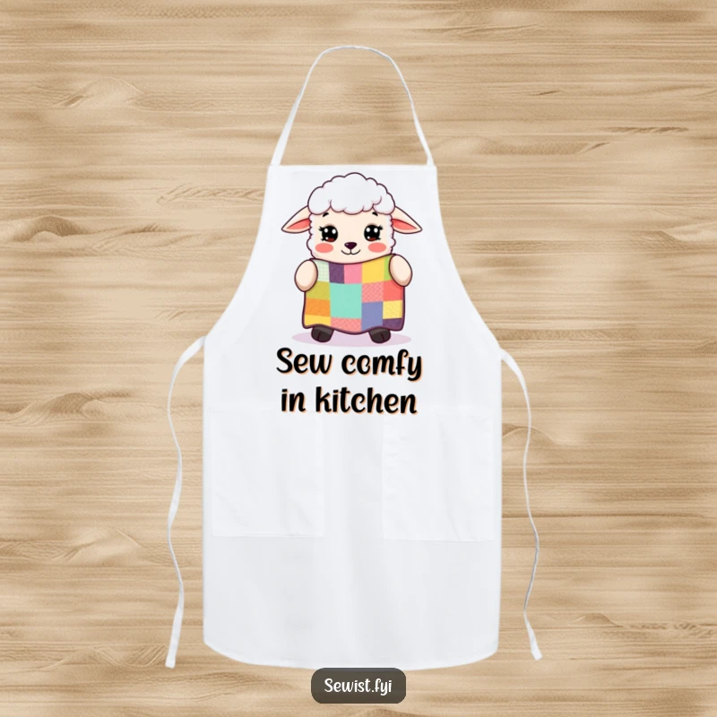 Funny sheep admiring a colorful patchwork quilt, a charming protective apron for quilters and sewers with a humorous touch.