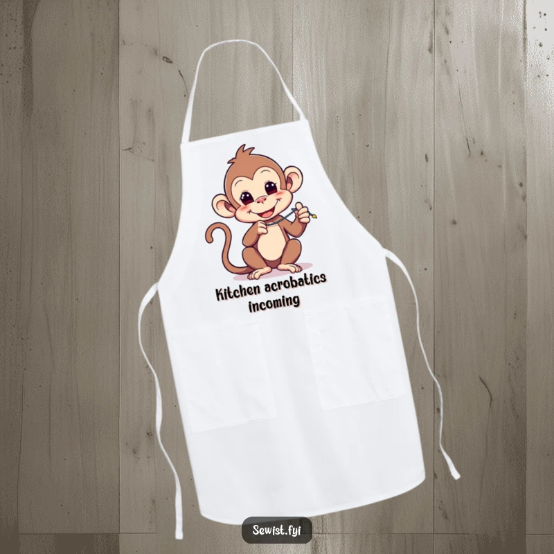 Funny apron: A playful monkey wears an apron, demonstrating a zigzag stitch with focused skill and a mischievous grin.