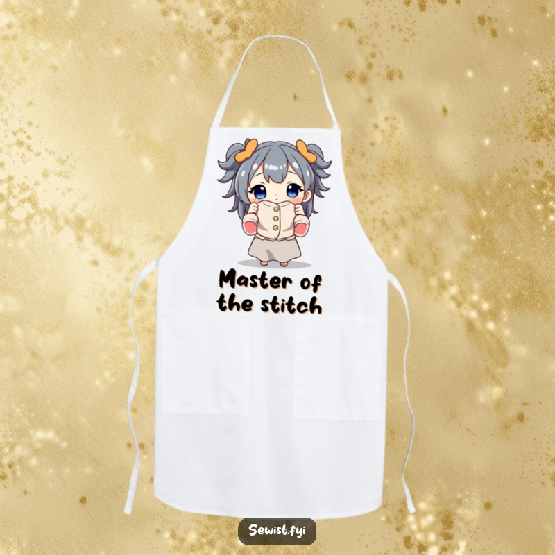 Funny sewing apron featuring a character proudly showcasing a meticulously sewn garment, perfect for protecting clothes during crafting and sewing projects.