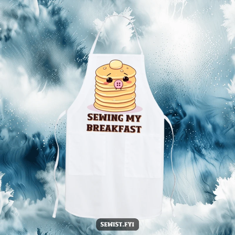 Funny pancake apron featuring a wobbly stack attempting to sew a giant button onto itself, perfect for messy cooking or crafting.