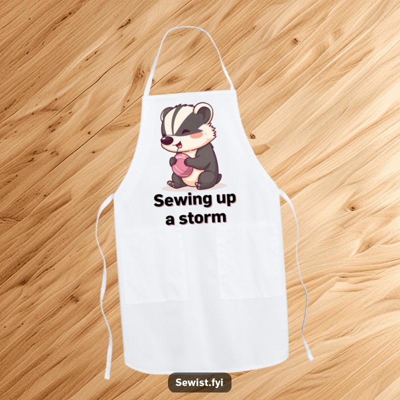 Funny Badger Apron with a cheeky badger spinning a bobbin with a happy rhythm, a fun accessory for sewers.