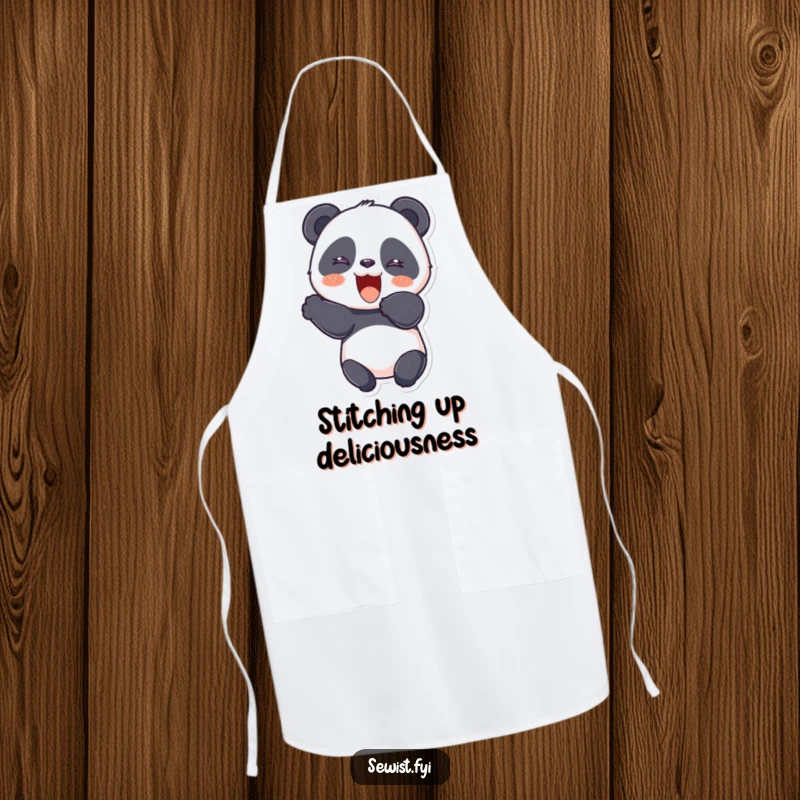 Funny Panda Apron with a giggling panda cutting fabric with a flourish, a fun accessory for sewers and crafters.
