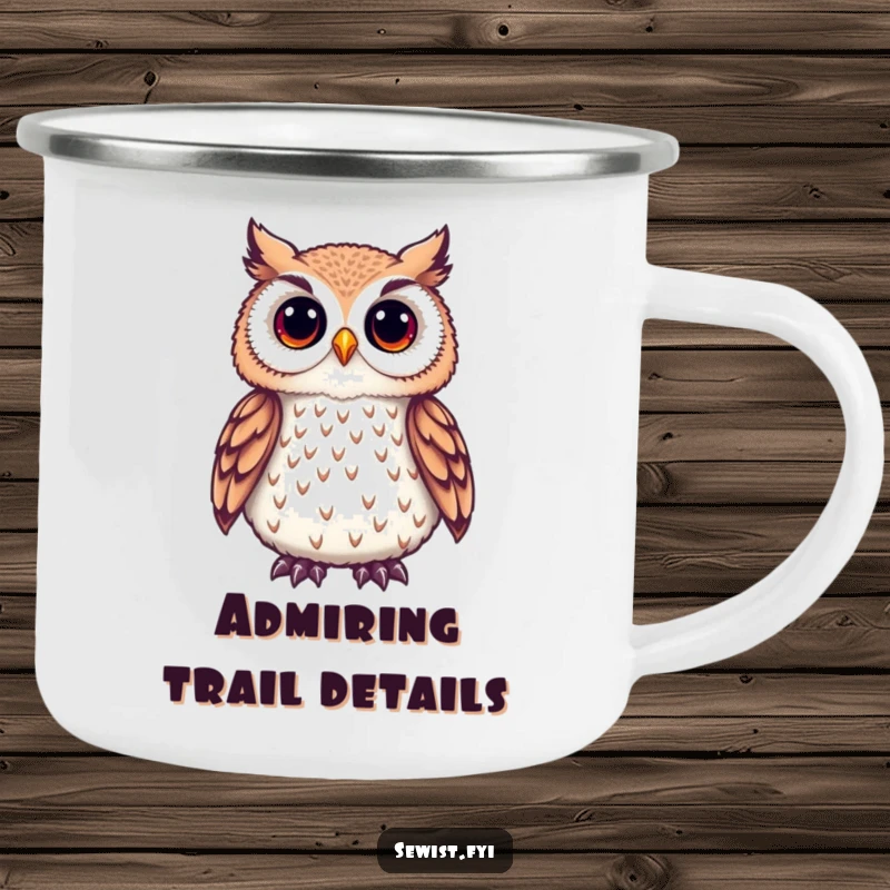 Funny Owl Camping Mug featuring a cute owl admiring a delicate embroidered detail, great for outdoor crafters.