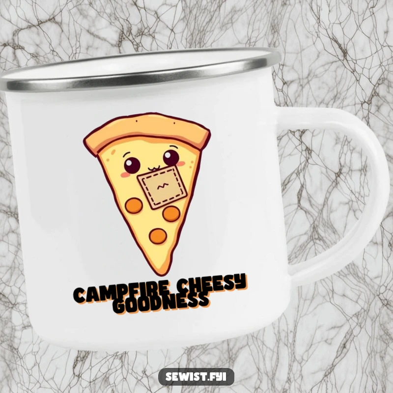Funny camping mug with a proud pizza slice displaying a tiny stitched patch, great for outdoor meals and humorous enjoyment.