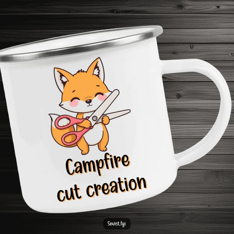 Funny Camping Mug featuring a playful fox character cutting fabric with oversized novelty scissors, for outdoor crafters.