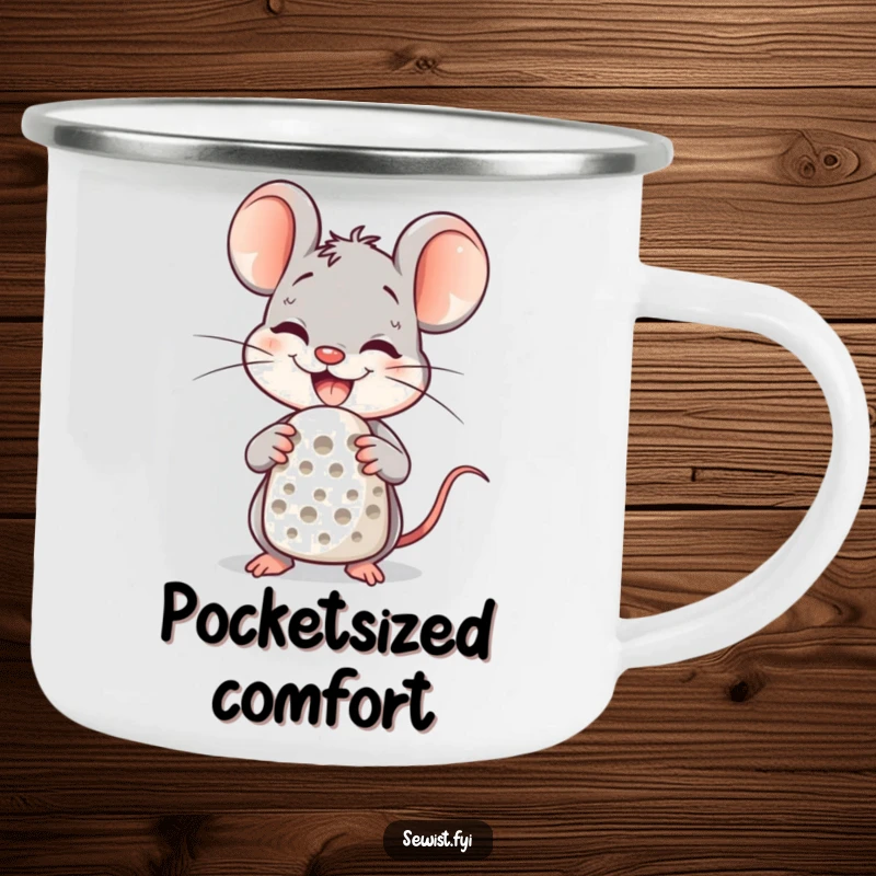 Funny Camping Mug featuring a delighted mouse character using a thimble, perfect for outdoor sewing enthusiasts.
