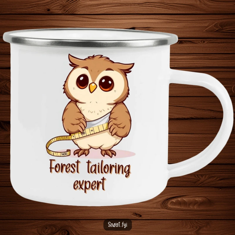 Funny curious owl measures fabric with a tape measure, a durable camping mug for crafters.