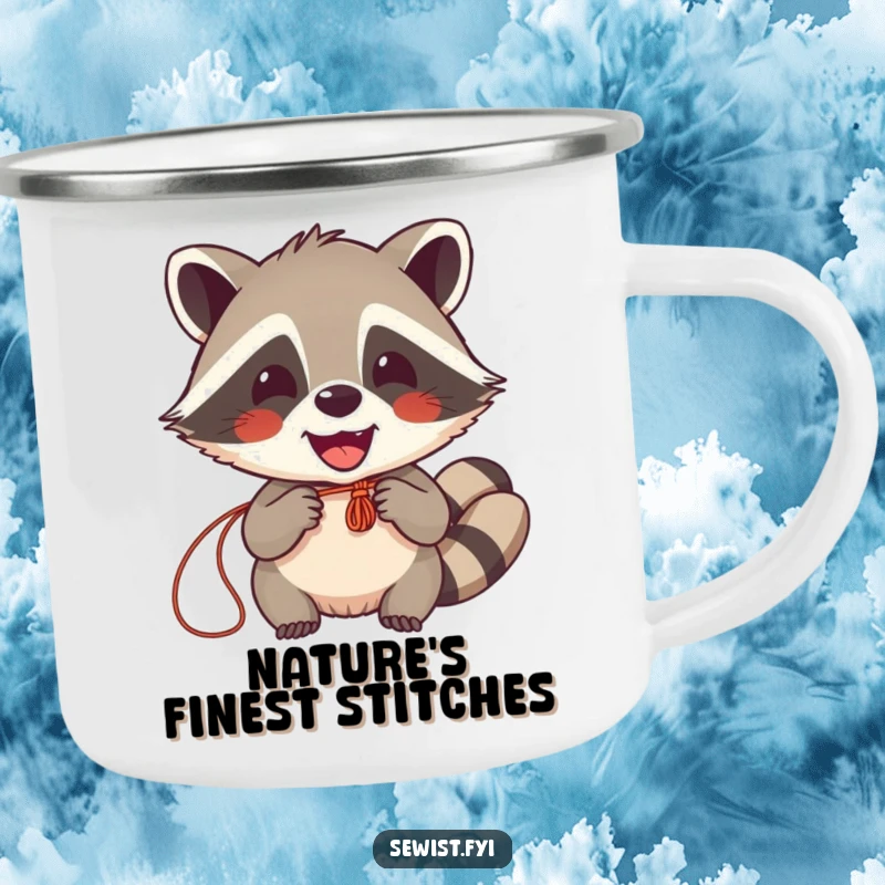Funny Raccoon Sewing Camping Mug: A cheerful raccoon sewing outdoors, perfect for campers and crafters. Durable and amusing.