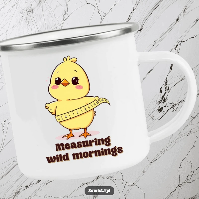 Funny chick humorously measuring fabric with a tape measure, an enamel camping mug designed for outdoor enthusiasts and crafting comedy.