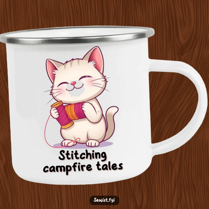 Funny giggling cat holding a spool of thread, ready to stitch, an enamel camping mug for outdoor crafters and cat lovers.