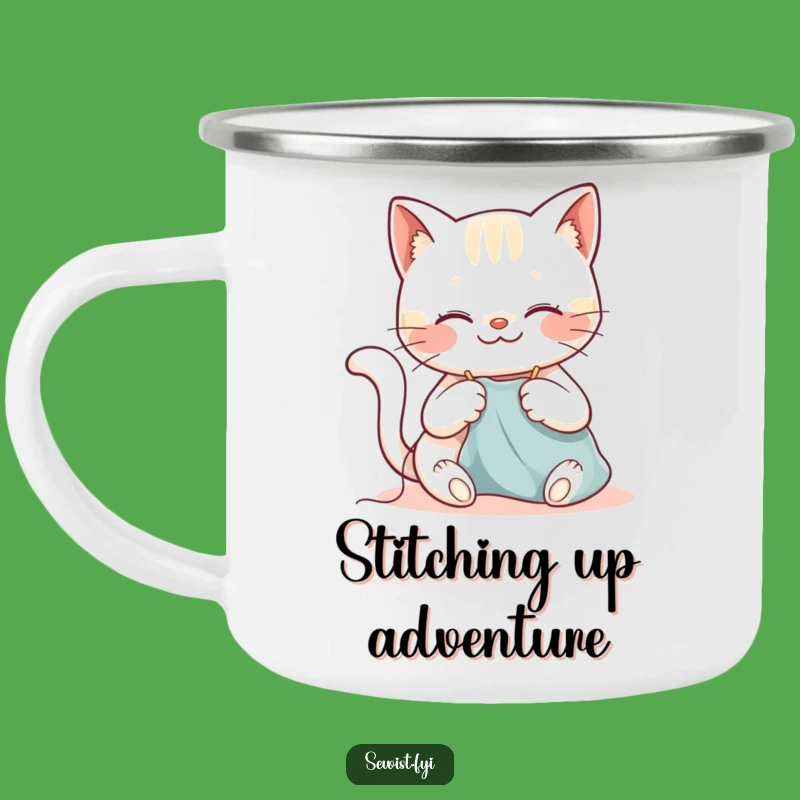 Funny Cat Sewing Camping Mug: Durable and Stylish, Happy Kitty Stitching Outdoors