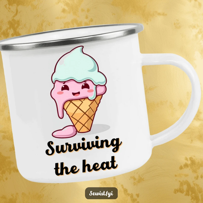 Funny camping mug with a melting ice cream cone hilariously struggling to sew, perfect for outdoor crafting and a good laugh.