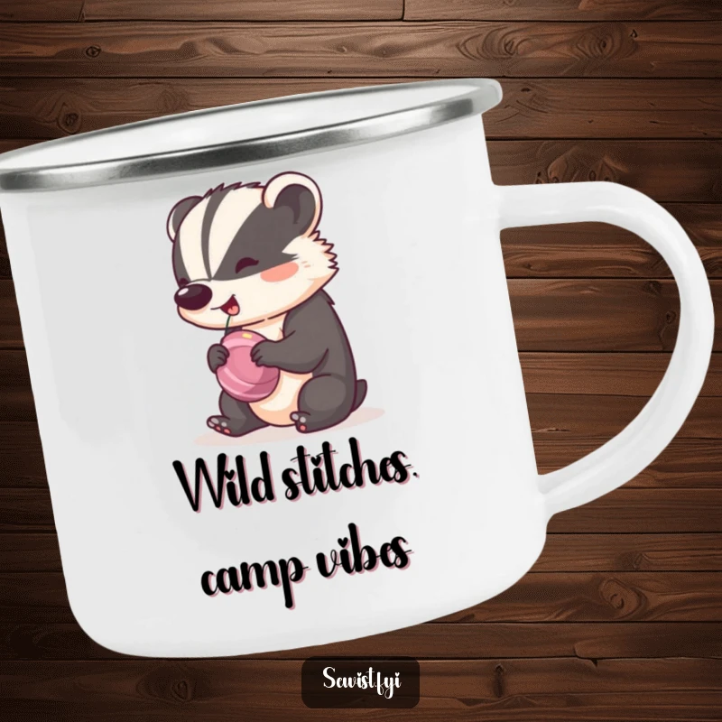 Funny Badger Camping Mug featuring a cheeky badger spinning a bobbin with a happy rhythm, great for outdoor crafting enthusiasts.