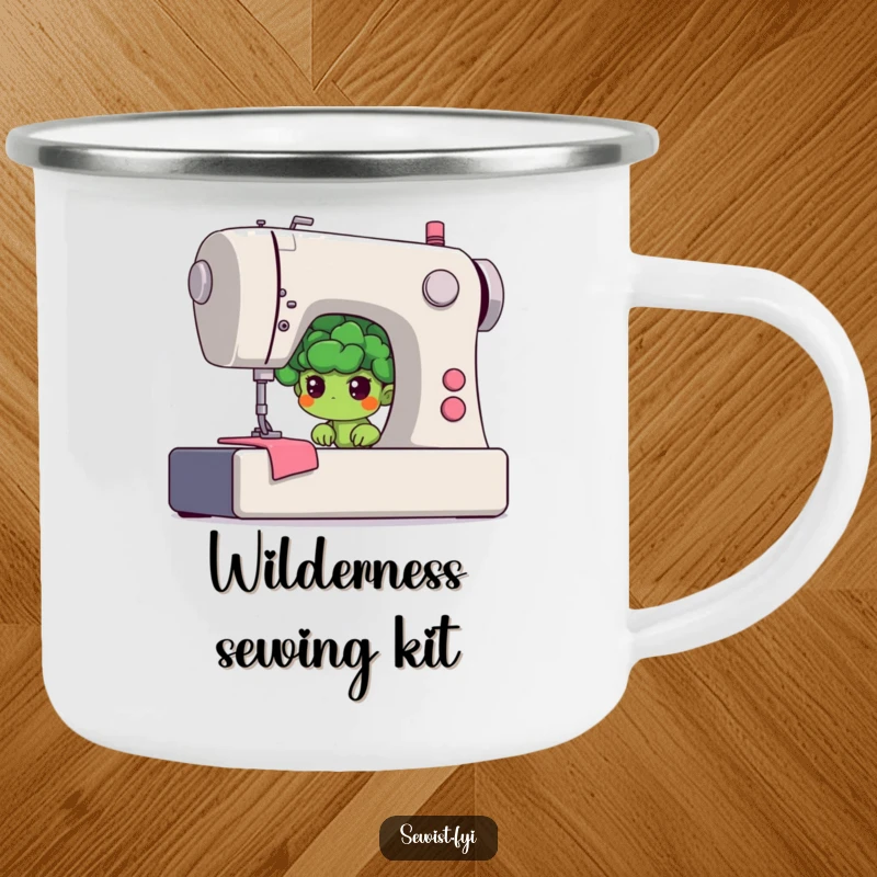 Funny broccoli camping mug with a shy floret hiding behind a giant sewing machine, perfect for outdoor use.