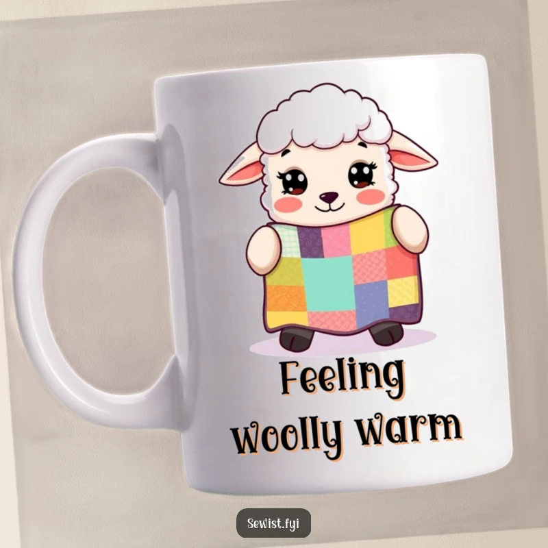 Funny sheep with wide eyes, admiring a colorful patchwork quilt, celebrating handmade crafts with a heartwarming and humorous design.