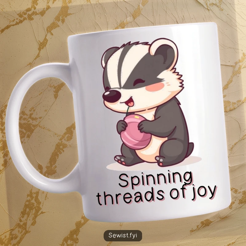 Funny Badger Mug showing a cheeky badger spinning a bobbin with a happy rhythm, embodying industrious sewing fun.