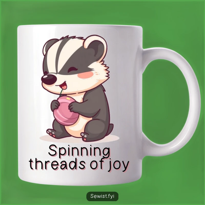 Funny Badger Tailor Mug: A Cheeky Badger Spinning a Bobbin with Rhythm