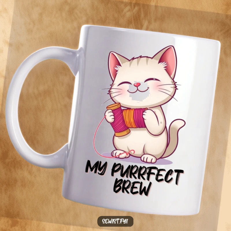 Funny giggling cat holding a spool of vibrant thread, poised to stitch, a humorous and charming mug for crafters.