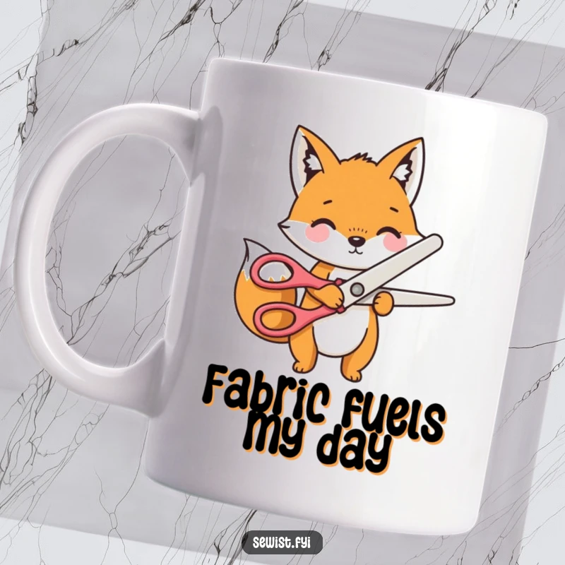 Funny Mug with a playful fox character enthusiastically cutting fabric with giant novelty scissors, celebrating sewing.