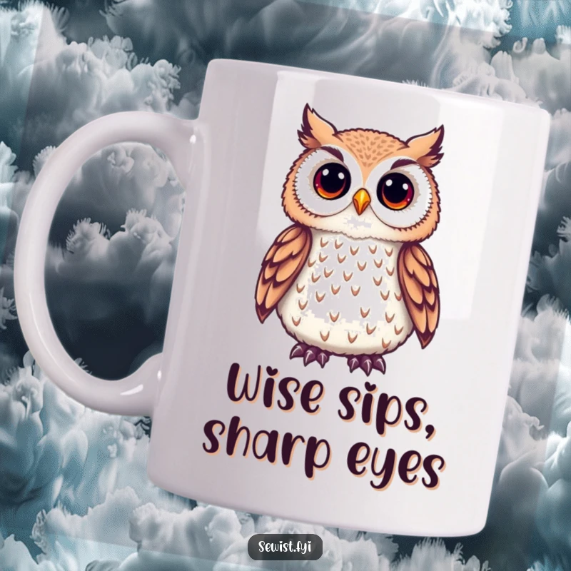 Funny Owl Mug showing a cute owl admiring a delicate embroidered detail, celebrating the appreciation of fine needlework.