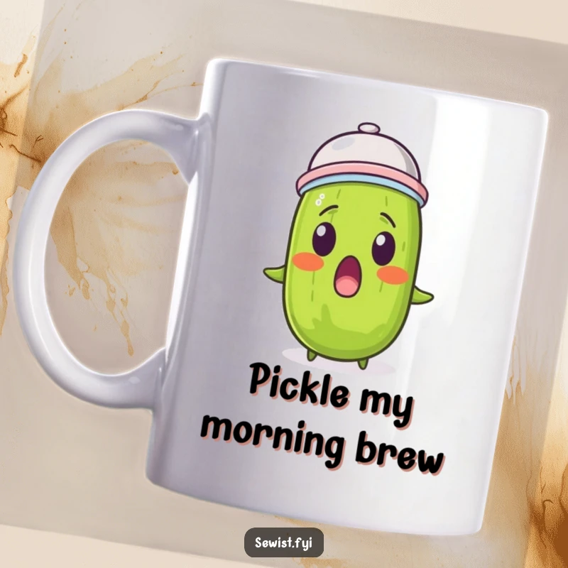 Funny pickle mug shows a surprised pickle wearing a thimble on its head, a bizarre and humorous design.