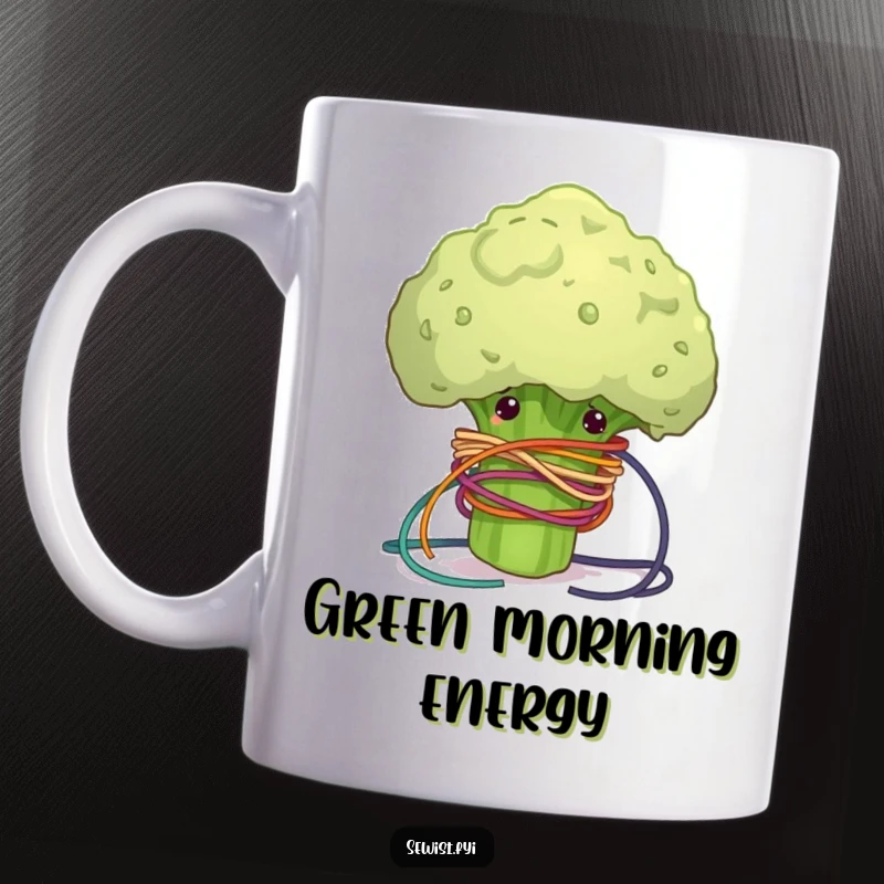 Funny mug depicting a clumsy broccoli floret comically tangled in colorful sewing thread, a humorous gift for crafters.
