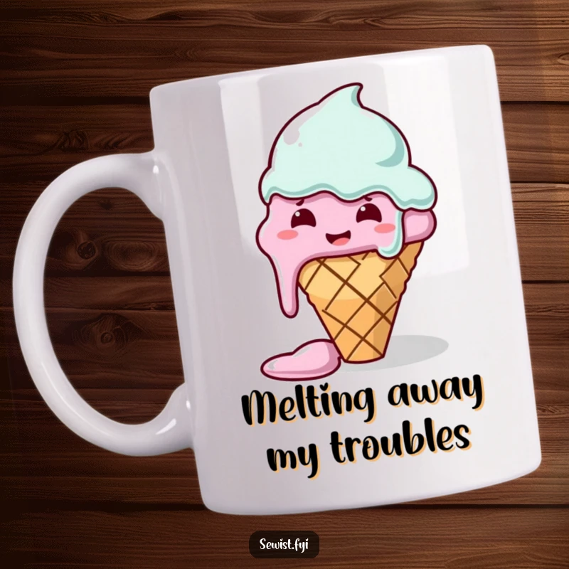 Funny mug with a melting ice cream cone hilariously failing to sew a straight line, relatable crafting humor for gift giving.