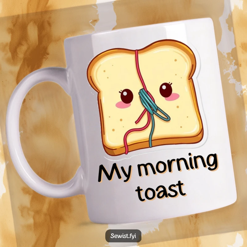 Funny toast mug with vibrant thread coming out of its center, showing a cheerful and crafty breakfast character.