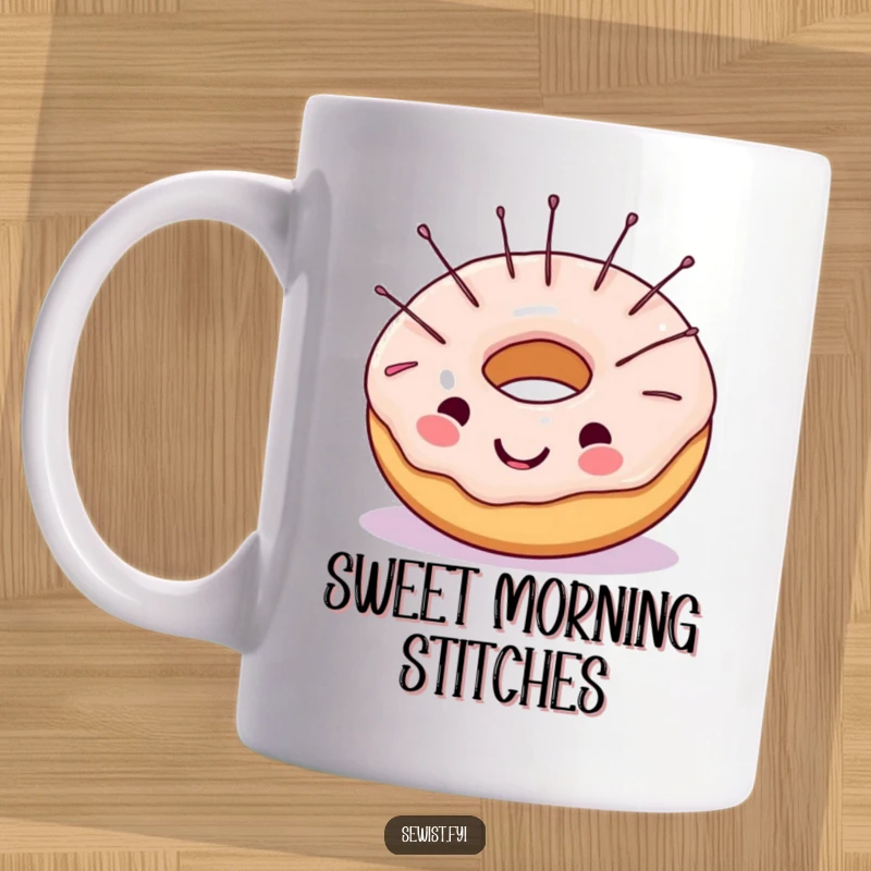Funny mug featuring a cheerful donut with sewing needles sticking out of its frosting, a sweet and humorous gift for crafters.