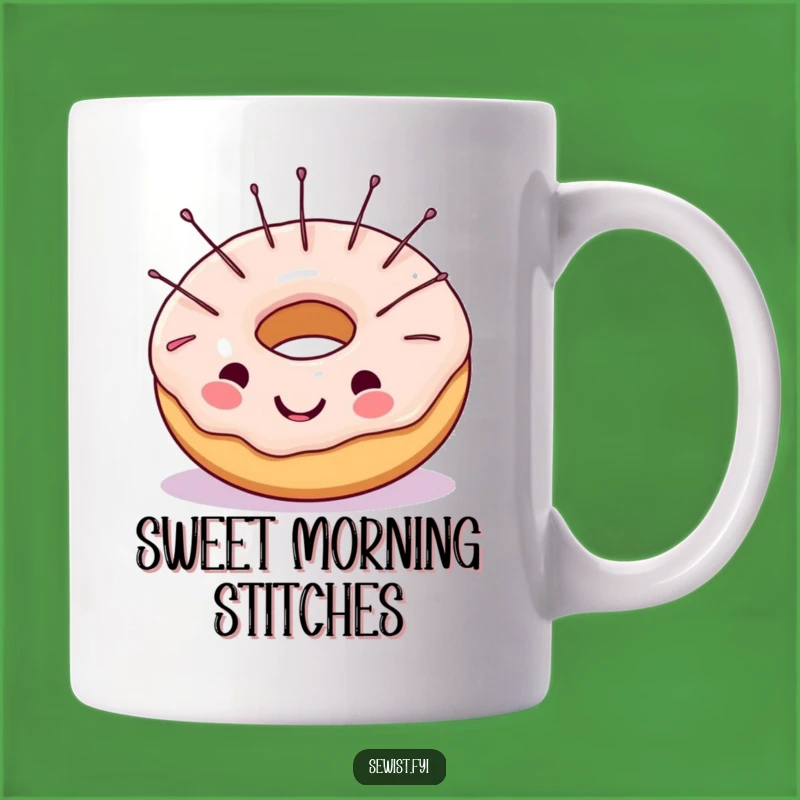 Funny Sewing Mug: Cheerful Donut with Needles, Hilarious Crafter Gift Idea