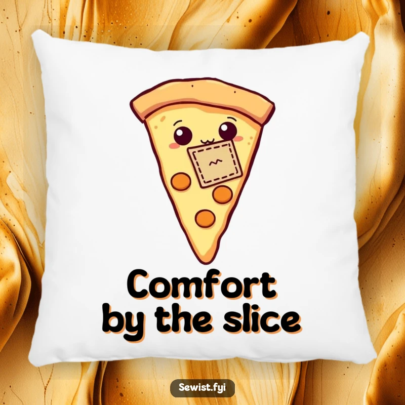 Funny decorative pillow featuring a proud pizza slice proudly displaying a tiny stitched patch, soft, humorous, and comforting.