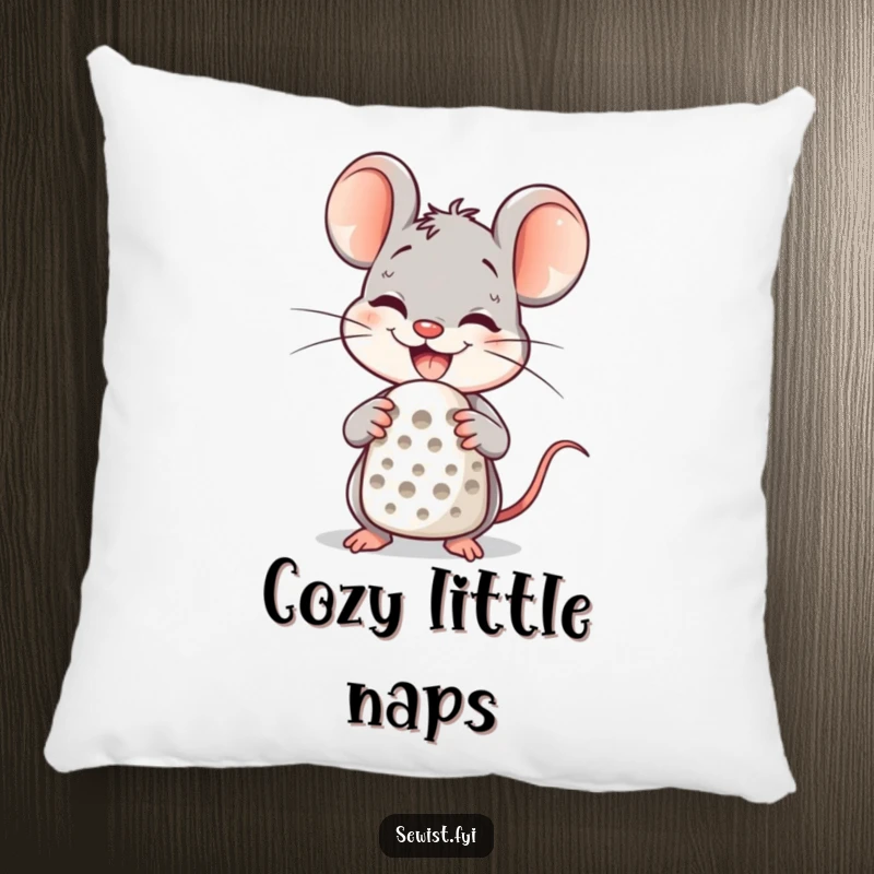 Funny Pillow showcasing a delighted mouse character smiling with a thimble on its finger, a cute sewing accent.