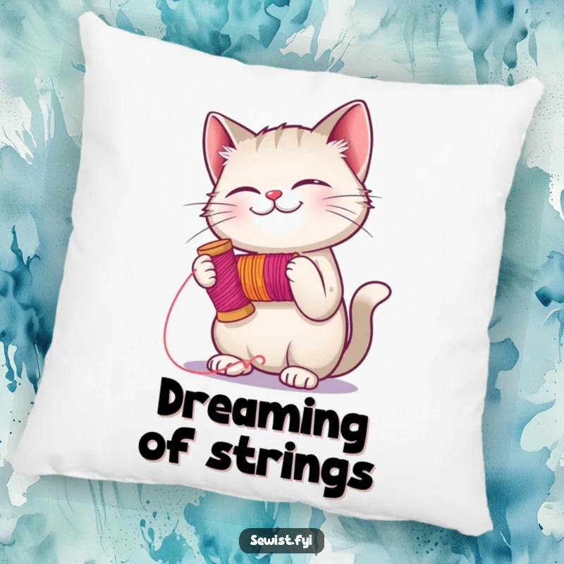 Funny giggling cat holding a spool of thread, ready to stitch, a soft and amusing decorative pillow for sewing enthusiasts.