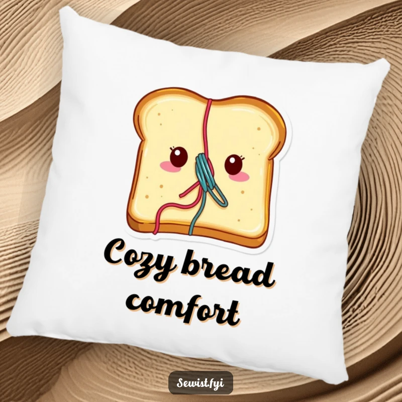 Funny toast pillow depicting a cheerful piece of toast with vibrant thread emerging, offering humorous comfort and decor.