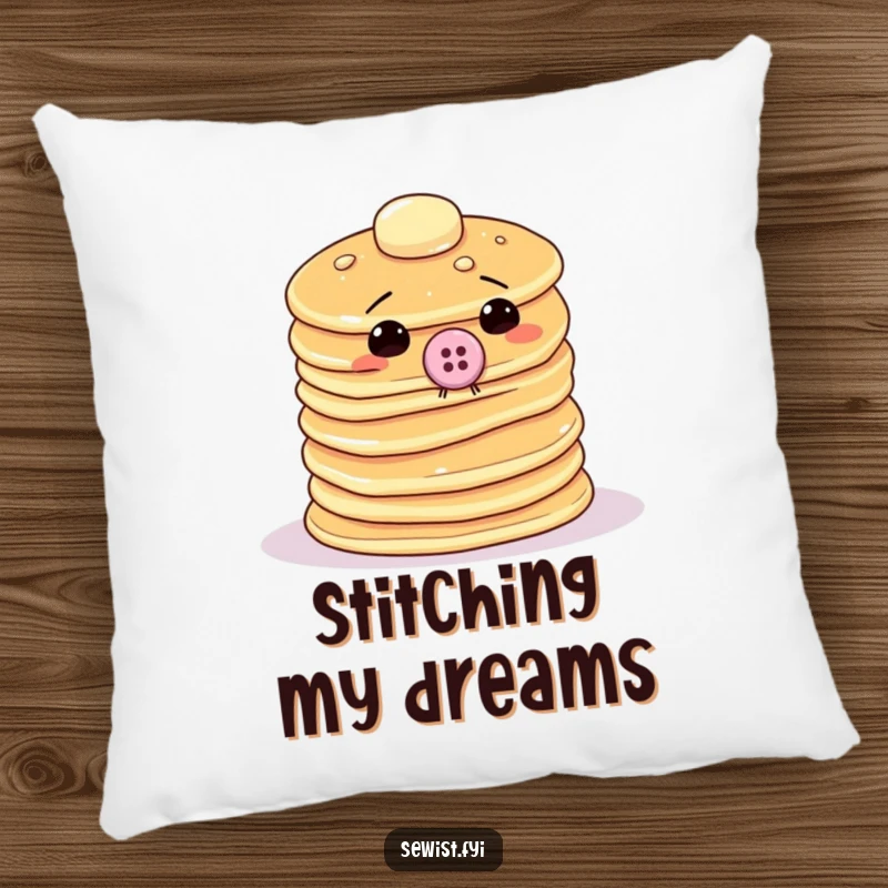 Funny pancake pillow depicting a wobbly stack trying to sew a giant button onto itself, offering humorous comfort and decor.