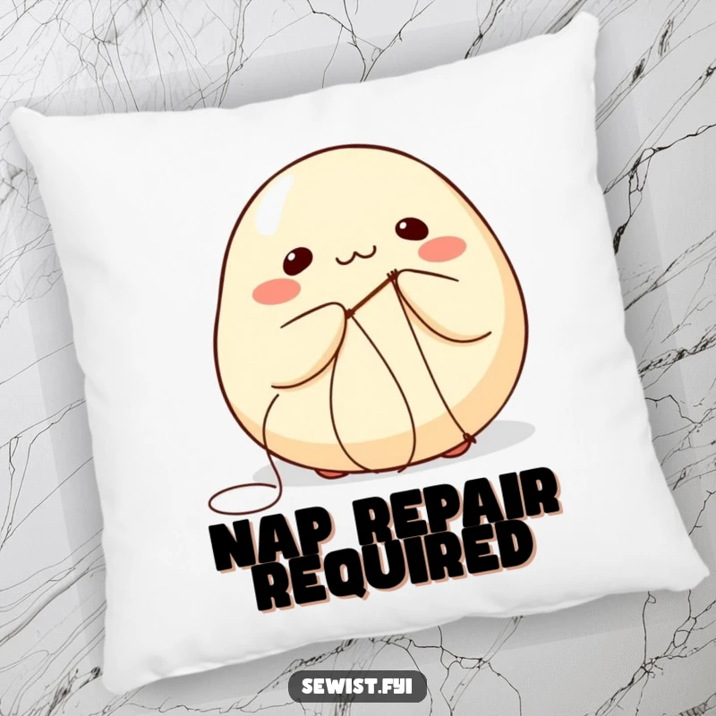 Funny pillow illustration of a round dumpling comically attempting to sew its own seams.