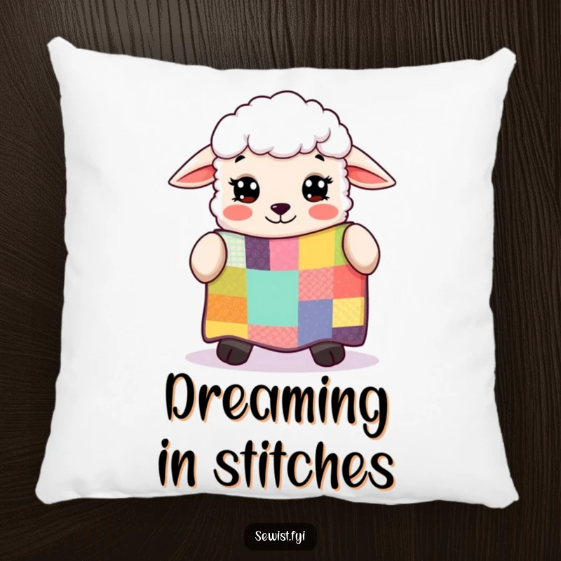 Funny sheep gazing in awe at a colorful patchwork quilt, a soft and amusing decorative pillow for lovers of handmade crafts.