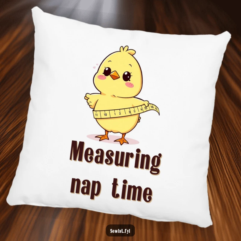 Funny chick humorously engaged in measuring fabric with a tape measure, a soft and amusing decorative pillow for sewing lovers.