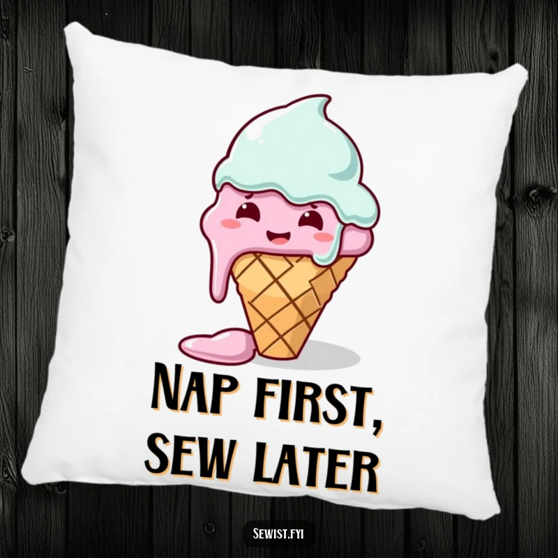 Funny decorative pillow with a melting ice cream cone hilariously attempting to sew, soft and humorous addition to home decor.