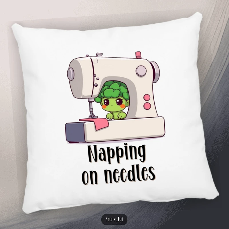 Funny broccoli pillow depicting a shy floret hiding behind a giant sewing machine, offering humorous comfort and decor.