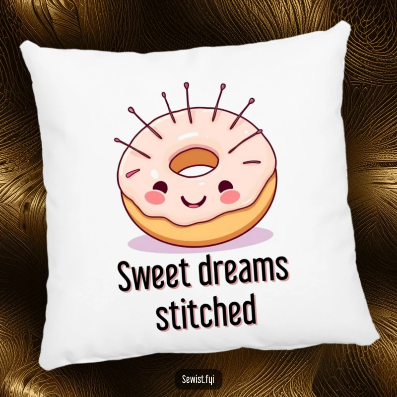 Funny decorative pillow with a cheerful donut and sewing needles in its frosting, soft, cozy, and humorous for craft lovers.
