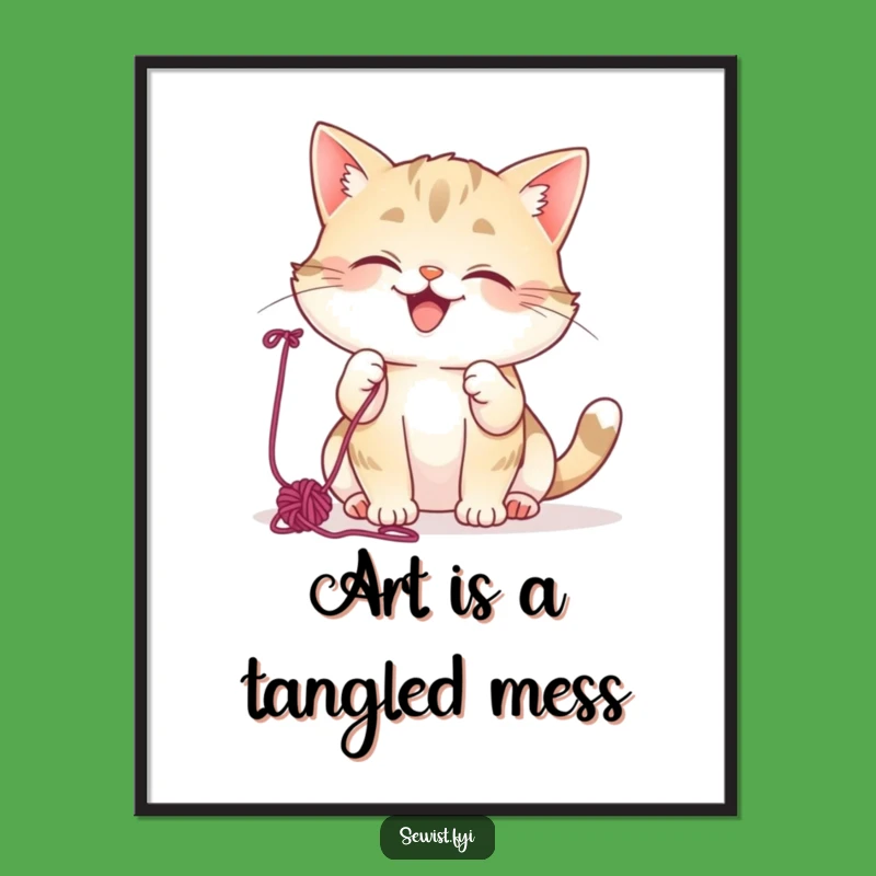 Funny Cat Yarn Digital Art: Mischievous Giggling Kitty Printable, Perfect Gift