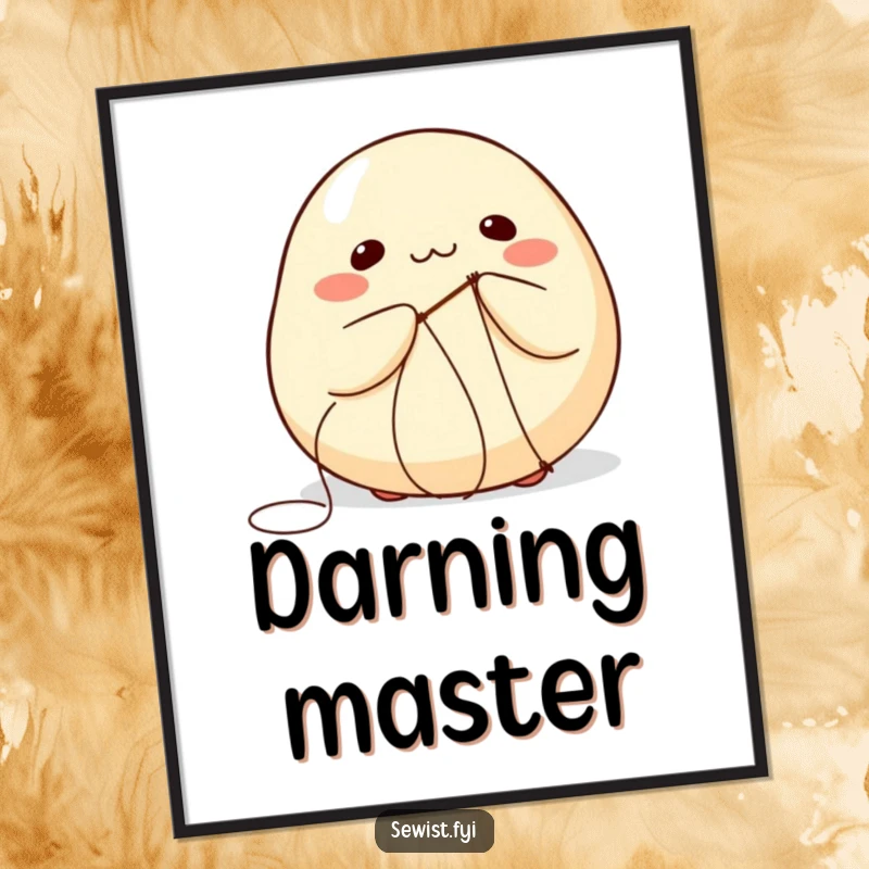 Funny digital art print of a round dumpling comically attempting to stitch itself with a needle and thread.