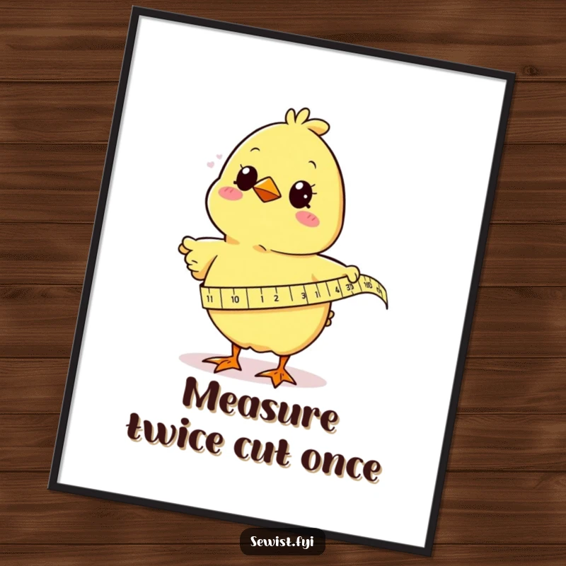 Funny chick humorously measuring fabric with a tape measure, a vibrant digital art print capturing the joy of sewing and crafting.