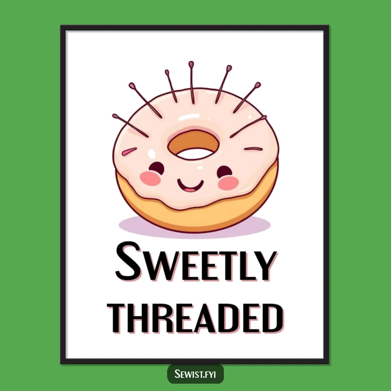 Funny Digital Art Print: Cheerful Donut Sewing Needles, Sweet Instant Decor
